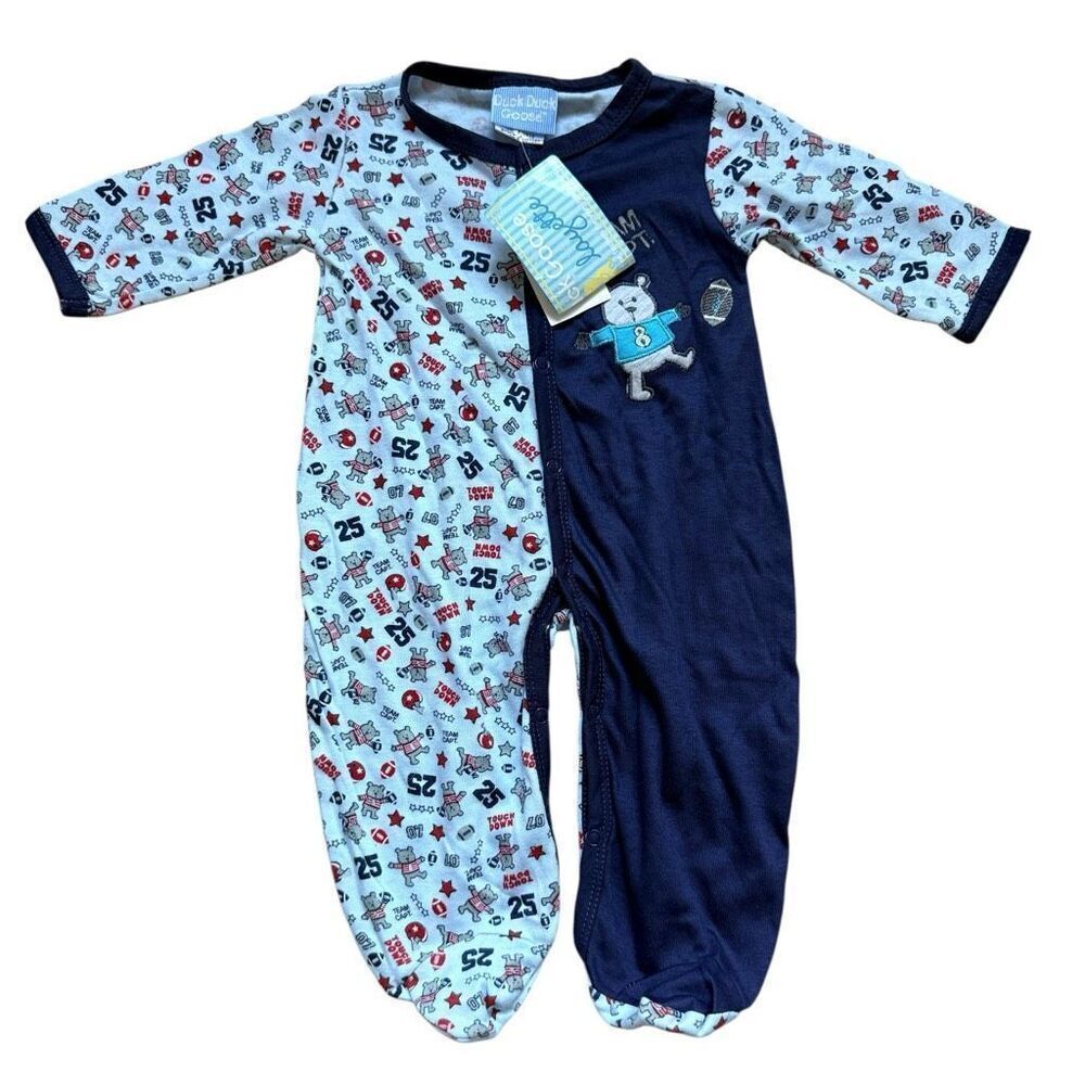 NWT Baby Boys Duck Duck Goode Layette Football Bear Footie Sleeper Pajamas 3-6 m